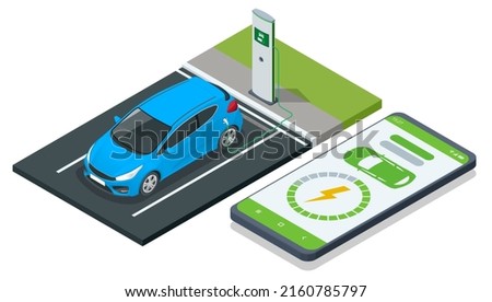 Isometric EV charging station for electric car with mobile app display charger status. Car charger. Electromobile charging station.