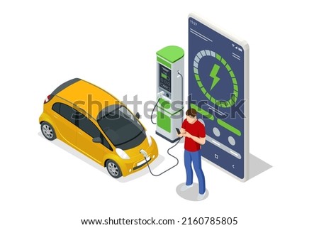 Isometric EV charger station application on mobile. Car charger. Electromobile charging station.