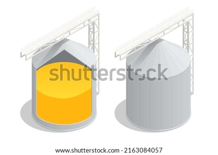 Isometric section of a cylindrical grain silo for infographics. Export wheat trade. Grain harvest storage