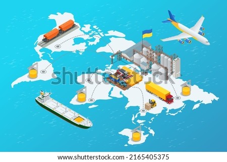 The concept of harvest, export, import. Isometric Grain Export. Global logistics network, logistic import export and transport