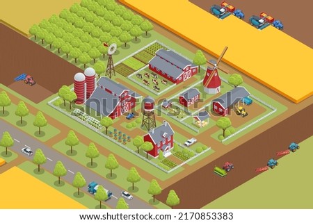 Isometric agricultural farm buildings, windmill barn and silo sheds hay garden beds and tractor. Pulling, pushing agricultural machinery, trailers, ploughing, tilling, disking, harrowing, planting.