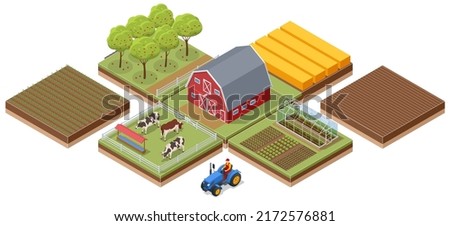 Isometric agricultural farm buildings, windmill barn and silo sheds hay garden beds and tractor. Pulling, pushing agricultural machinery, trailers, ploughing, tilling, disking. Cows on a farm.