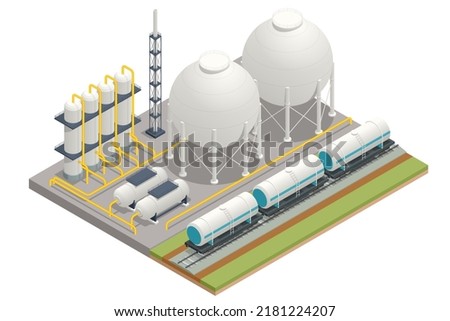 Isometric Gas storage tanks. White spherical propane tanks. Containing fuel gas pipeline.