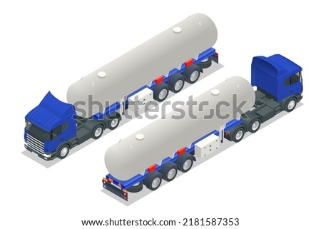 Isometric Tanker truck. Petroleum tanker, petrol truck, white cistern, oil trailer isolated on white background. Gasoline tanker, Oil trailer