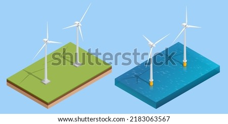 Isometric Green energy industry. Wind turbines generating electricity Sustainable renewable power. Wind Turbines Farm.