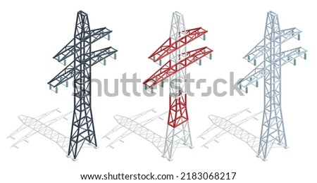 Isometric high voltage transmission lines and power pylons. Electricity pylons. Electric Energy Factory Distribution Chain. High voltage pylon