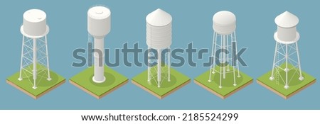 Isometric icons set of water towers , a water tank constructed at a height sufficient to pressurize a distribution system for potable water, and to provide emergency storage for fire protection.