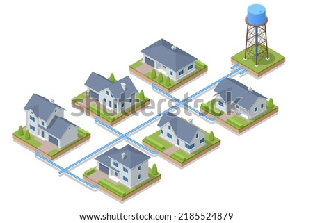 Isometric water tower with distribution of drinking water to the villas. water tank constructed at a height sufficient to pressurize a distribution system for potable water