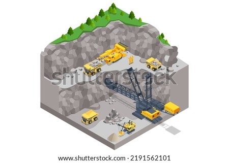 Isometric mining quarry, mine with large quarry dump truck and Bucket-wheel excavator. Equipment for high-mining industry. Bucket-wheel excavator mining lignite.
