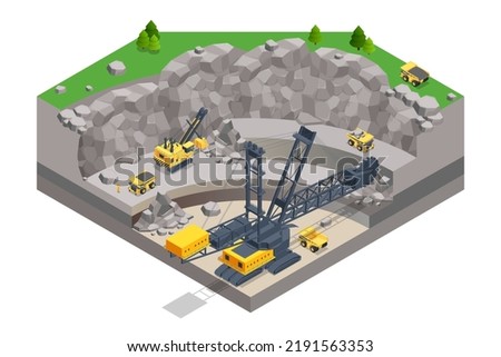 Isometric mining quarry, mine with large quarry dump truck and Bucket-wheel excavator. Coal mine. Bucket-wheel excavator mining lignite.