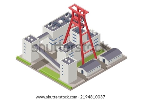 Isometric construction underground and open pit mining quarry. Factories or industrial plants, heavy industry. Equipment for high-mining industry. Excavator, truck for haul, dump