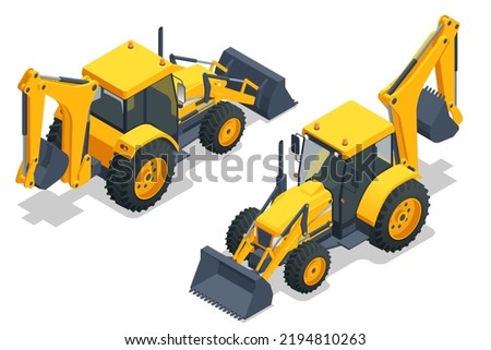 Isometric Yellow Tractor with backhoe and loader toy isolated on white . Heavy yellow mining excavator, construction machinery. Yellow Wheel front loader, Industrial Vehicle. Pneumatic Truck