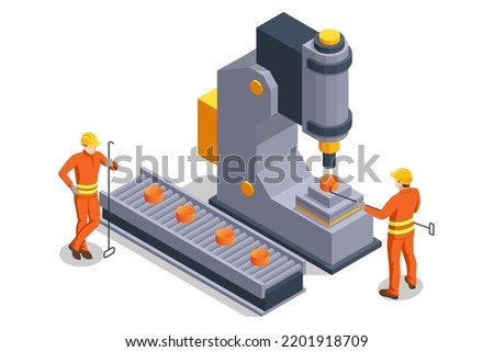 Worker controlling metal melting in furnaces. Isometric industrial steel production and metallurgy. Hot steel pouring in steel plant. Production of steel billets.