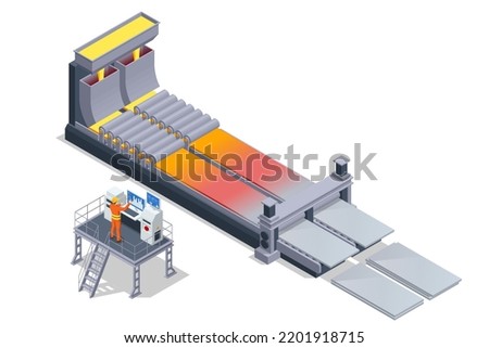 Worker controlling metal melting in furnaces. Isometric industrial steel production and metallurgy. Hot steel pouring in steel plant. Continuous casting machine. Production of steel billets.