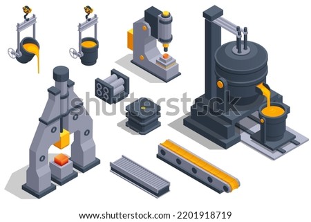 Isometric industrial steel production and metallurgy. Hot steel pouring in steel plant. Icons set with automated plant equipment. Blast furnace