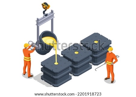 Isometric industrial steel production and metallurgy. Foundry metallurgy processes in factory workers. Hot steel pouring in steel plant Blast furnace