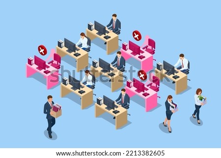 Isometric Layoffs and Dismissal. Workforce Reduction, Downsizing, Reorganization, Restructuring, Outsourcing. Unemployment, Jobless, Employee Job Reduction Metaphor. Sad Fired Office Worker with Box Stockfoto © 