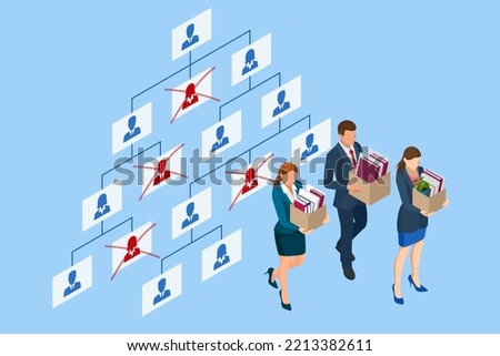 Isometric Layoffs and Dismissal. Workforce Reduction, Downsizing, Reorganization, Restructuring, Outsourcing. Unemployment, Jobless, Employee Job Reduction Metaphor. Sad Fired Office Worker with Box