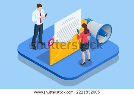 Isometric Email Notification Concept. Message Online Chat Social Text Concept. Spam. New Email, Messaging, Email marketingm Working process, New email message