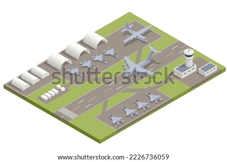 Isometric military fighter jet aircrafts, large military transport aircraft, parked. Military air force base army facilities with hangars