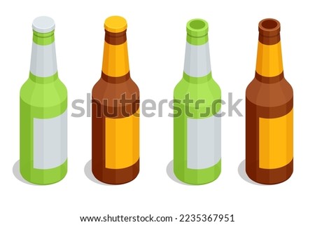 Isometric Bottle of beer with drops. Glass of beer and Bottle of beer isolated. Alcoholic drink. rewing, Craft beer brewing