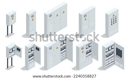 Isometric Electric switchboard. Transformer. Distribution board. Electrical power switch panel. Electricity equipment. Electric Breaker Switchbox Electricity and Energy Equipment Red Buttons, Contact