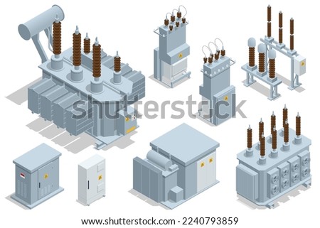 Isometric Transformer . Electric Energy Factory Distribution Chain. Isolated set Icon Energy Substation. High-Voltage Power Station.