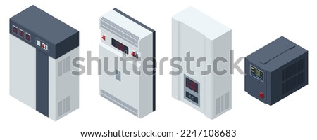 Isometric Voltage regulators set icons. A voltage regulator is a system designed to automatically maintain a constant voltage.