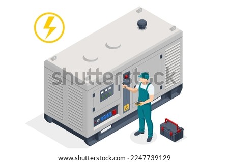 Isometric service engineer repairing or adjusting diesel power generator. Portable electric power-generator, industrial diesel generator. Standby-generator.