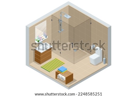 Isometric modern bathroom interior with a white toilet, mirror, sink, and shower cabin.