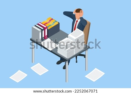 Isometric stacks of paperwork and files in the office, bureaucracy, overload. Bureaucrat in the office. Pile of paper documents, boxes and folders.