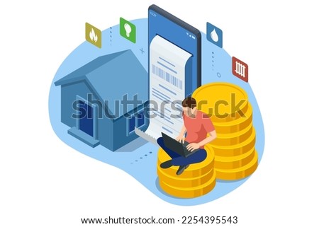 Isometric Online Bill Payment. Home Utilities Bill Payment Services Concept. Gas, Water, Electricity Supply. Save energy, pay utility bills