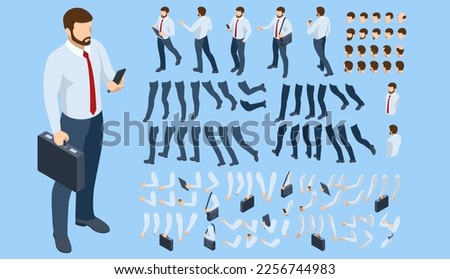 Isometric man character constructor for designe. Set of businessman character flat style illustration isolated on background.