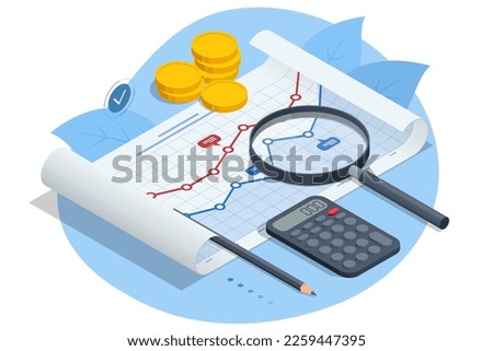 Isometric business analysis, analytics, research, strategy statistic, planning, marketing, study of performance indicators. Audit, insurance, financial consultant and analyst. Data and investments.