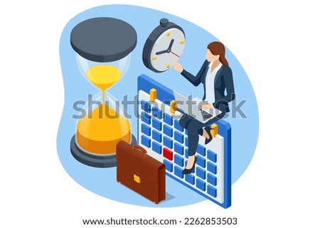 Isometric time management and business planning. Time is money. Deadline. Deadline concept of overworked woman, Time to work, Time management project plan schedule.
