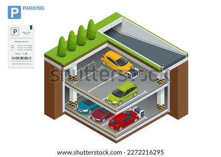 Isometric robot valet parking cars. Outdoor valet parking robot. Automated parking systems for cars Underground parking with cars. Indoor car park under house or office.