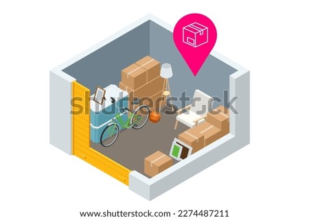 Isometric interior of a modern storage room for a warehouse of home appliances, lamps, armchairs, boxes, bicycles and other things. Warehouse of household items and interior elements.