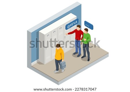 Isometric Boy student getting bullied in school. Dissatisfied sad boy walks down the corridor at school. A child being bullied by a group of children.
