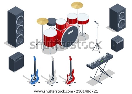 Isometric set of musical instrument Synthesizer analog sound, Drum kit with drums and cymbals and Acoustic and Electric Guitar Musical Instruments, and combo amp near