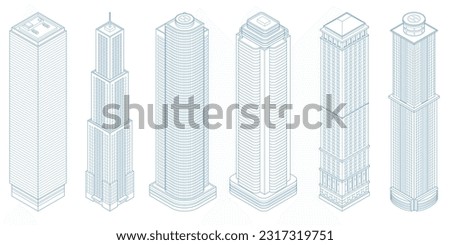 Isometric modern skyscraper outline, modern buildings on write background