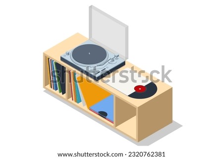 Isometric Vinyl LP record player isolated on white background Record player with vinyl disk