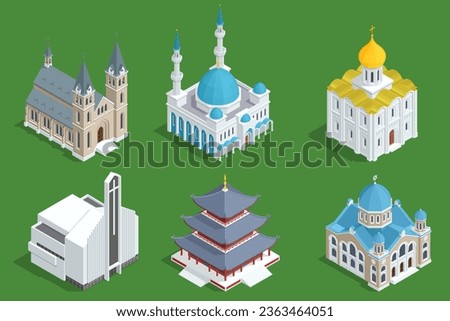 Isometric Orthodox church, Synagogue Mosque, Buddhist temple or Buddhist monastery, Christian Protestant Church, Church Building in Islam and Catholic church buildings