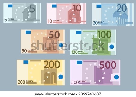 Stacksof Banknotes in denominations of 5,10, 20, 50 , 100, 200 and 500 euros on a white background. European Union paper money five, ten, twenty, fifty, one hundred, two hundred, five hundred euros