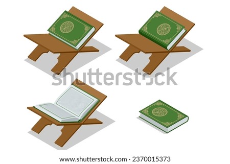 Isometric Islamic Book Koran. Kuran or Quran , the holy book of all Muslim Worship, making traditional prayer to God.