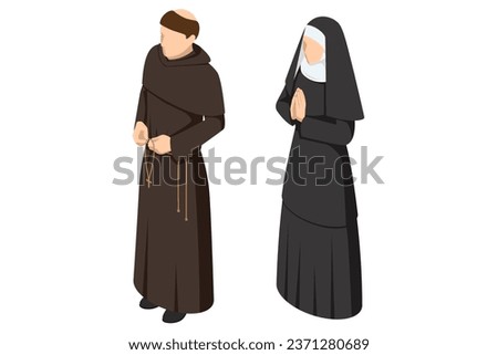 Isometric Christian catholic monk, A nun in traditional robes on white background