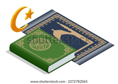 Isometric Islamic Book Koran crescent moon and star. Islamic symbol. Islamic icons can be used for the month of Ramadan, Eid and Eid Al-Adha. Kuran or Quran, making traditional prayer to God.