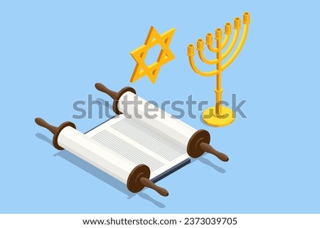 Hanukkah, Jewish festival. Isometric Judaism religious symbols of Jewish holidays. Hanukkah menorah, David Star and Old torah scroll book