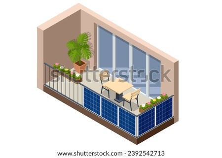 Isometric Solar Panels on Balcony of Apartment. Small Solar Panel energy system. Small Local Solar Panel Energy System on Balcony.