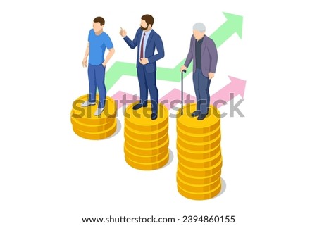 Isometric Retirement savings concept. Financial independence idea. Economy and wealth. Grandparents saved up money for comfortable old age. Economics, financial or banking systems