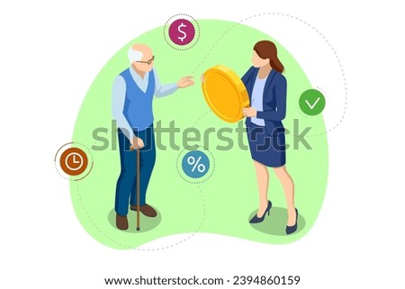 Isometric Retirement savings concept. Financial independence idea. Economy and wealth. Grandparents saved up money for comfortable old age.